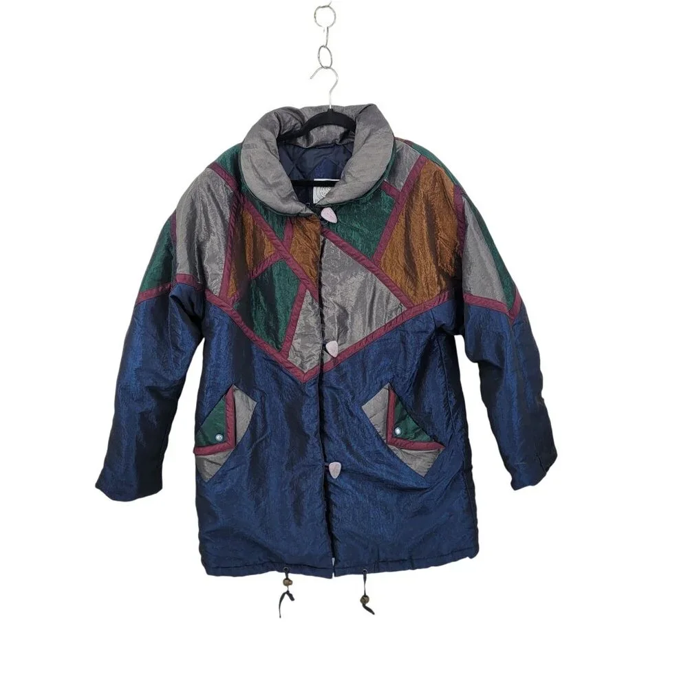 Vtg 80s Colorblock Nylon Winter‎ Jacket Coat Sz M Metallic Multicolor Geometric